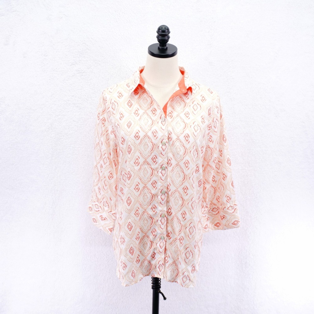 Chico's Orangeโ -8- 100% Linen White Peach Button Up Top 3/4 Sleeve Collared